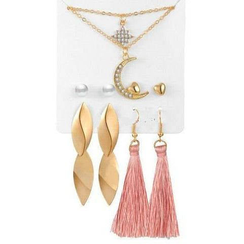 Gold/Pink Tassel/Moon and Star Necklace/Stud Earring Set