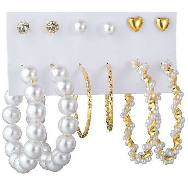 Pearl Hoop/Diamond/Heart/Pearl Stud Earring Set
